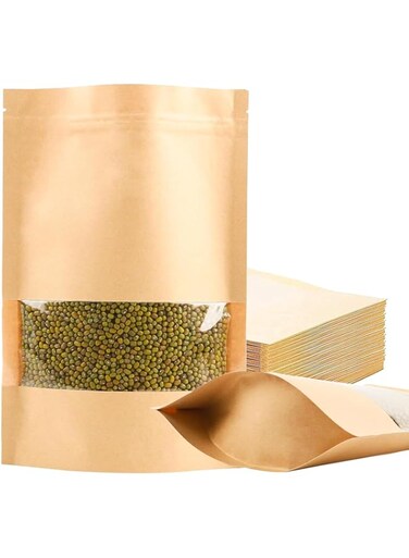 QIANNUO Resealable bags,6.3" x 8.7" Stand Up Kraft Paper Bags with Clear Window 200 pcs, Zip Lock Food Storage Bags for Packaging Products, Reusable, Sealable