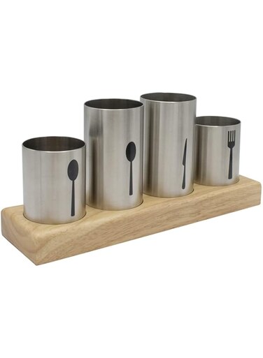 Arabest Silverware Holder, Stainless Steel Utensil Organizer with Bamboo Base for Storing Spoons Knives and Forks, Suitable for Kitchen, Restaurant, Entertainment, Buffet, Picnic