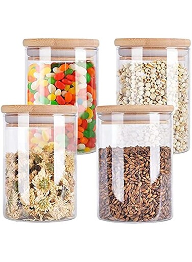 4 Pack Glass Storage Jars with Airtight Bamboo Lid, 120 ML Glass Food Storage Jar, Glass Kitchen Canisters, Clear Container for Coffee Bean Storage, Dry Goods, Cookie, Candy, Tea, Spices and More