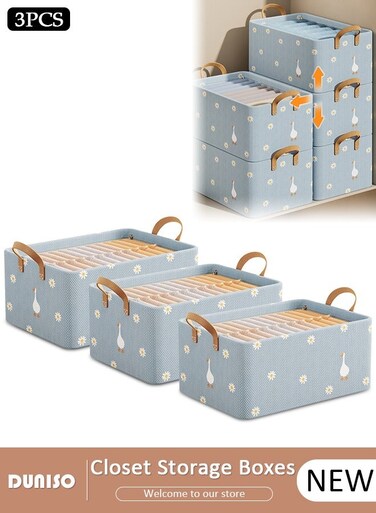 3 Pieces Fabric Closet Storage Organizer Set Foldable Clothes Boxes Large Capacity Wardrobe Stackable Closet Drawer with Handle for Leggings Stockings Socks Underwear