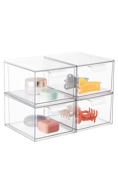 4 Pack Stackable Drawers Storage Drawers, Pull out Acrylic Cosmetic Drawer, Clear Home Display Box, Model Dustproof Cosmetics Storage Box, Kitchen Cabinet, Makeup Organizer, Under Sink Storage