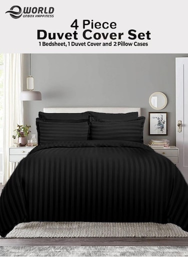 Premium Striped Duvet Set All Season &acirc;&euro;&ldquo; 4-Pieces Set Black   King Size 220x240 cm   Ultra-Soft, Wrinkle-Resistant &amp; Made in Dubai   Includes Duvet Cover, Fitted Sheet (200x200 cm) &amp; 2 Pillowcases (50x70 cm)