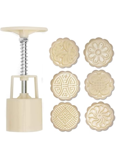 3D Cookie Cutter Press Flower Moon Cake Mold with Set 6 Pcs Pattern Baking Accessories for Pastry Mold Bakware - Muffin Fondant - Cupcake Dessert - Eid &amp; Mid-Autumn Festival - Circle Shape