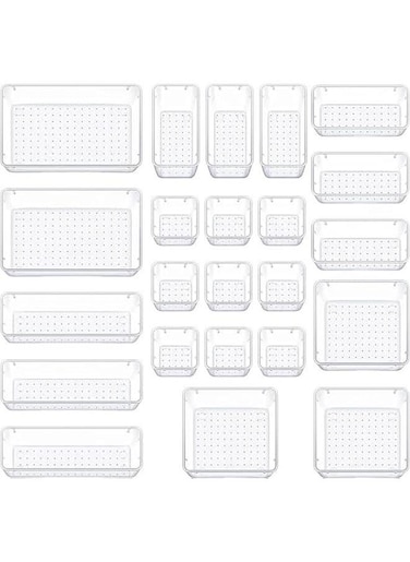 23 PCS Drawer Organizer Set, 5 Varied Size Bathroom and kitchen Drawer cabinet organizer Trays, Clear Storage Bins for Makeup, Jewelry, Utensils and Gadgets