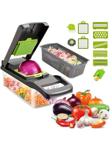 Kitchen ideas Veggie slicer 16 pieces (Gray, 1) 16 pieces hand operated vegetable slicer, veggie chopper, food chopper, onion cutter.