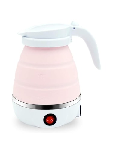 Foldable Electric Kettle, Collapsible Water Boiler for Coffee Tea, Food Grade Silicone, Dual Voltage 110-220V, Detachable Power Cord, Pink, European Plug (220V)