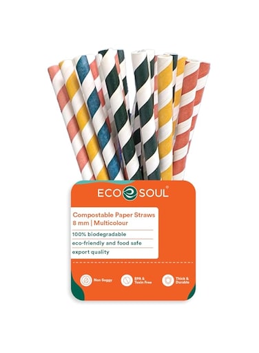 ECO SOUL [8 MM, 100 Count] Biodegradable Multicolor Paper Straws   Disposable Drinking Rainbow Eco-Friendly Compostable Paper Straws   Cocktail Cold Drink Juice Smoothie Non-Bendable Straws (Wide)