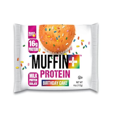 Bake City Muffin+ Protein Birthday Cake 113 g &ndash; Loaded with 16 g Protein, Moist Celebration Muffin with Frosting Sprinkles &ndash; Vegan-Friendly Indulgent Snack for Fitness &amp; Treat Time