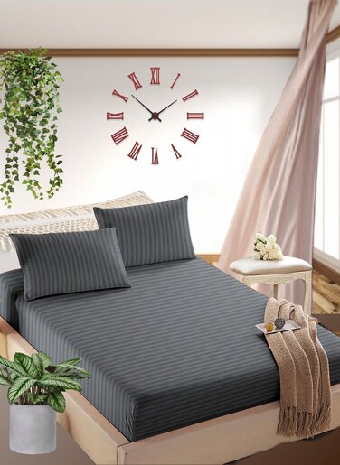 Cloudy Grey Striped Bed Sheet Sets Cotton 3 Piece Set Deep Pocket 150x200+25cm