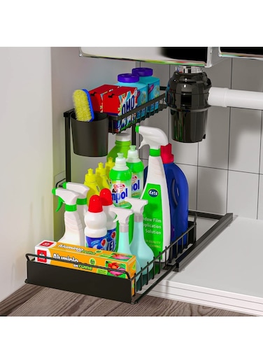 Under Sink Organizers and Storage, Kitchen Organization and Storage 1 Pack, L-Shaped 2-Tier Bathroom Organizer, Upgraded Pull Out Cabinet Organizer