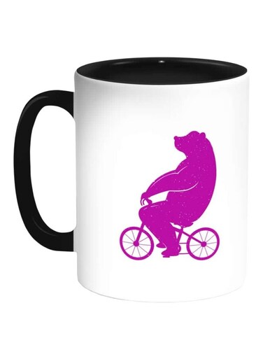 Bear Driving A Bicycle Printed Ceramic Coffee Mug White/Black/Pink