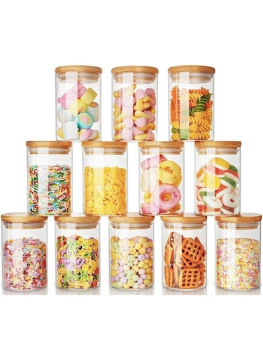 FUFU Glass Jars With Bamboo Lids Set, Glass Jars With Wood Lids 8 oz, Large Spice Jars, Glass Storage Containers For Pantry, Cookie, And Coffee SET OF 12pack