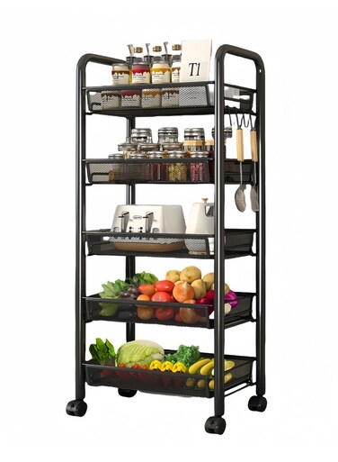 5-Tier Iron Storage Rack with Wheels &acirc;&euro;&ldquo; Heavy Duty Rolling Organizer Shelf for Kitchen, Pantry &amp; Living Room