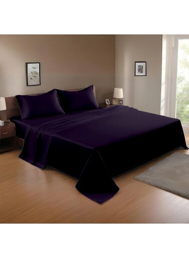 3-Piece Violet Plush 220x240 Flat Bedsheet Set Includes 1 Deep Pocket Flat Bedsheet and 2 Pillow Covers, Breathable and Machine Washable