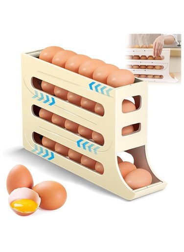 Tazweeq 4 Tiers Egg Dispenser, 30 Eggs Storage Rack, Egg Distributor For Refrigerator Roll Down-White