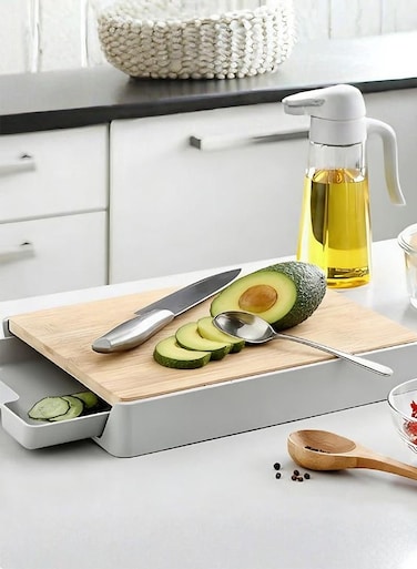 Cutting Board - Wooden Chopping Board with Pull-Out Storage Tray, Multi-Function Kitchen Board for Meat Vegetable Fruit