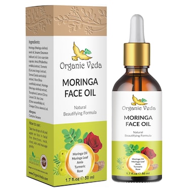 Organic Veda Moringa Face Oil with Dropper - 100% Natural Moringa Seed Oil with Turmeric &amp; Rose Extract for Soft &amp; Radiant Skin - Anti-aging, Reduce Wrinkles, Minimize Age Spots - 50ml (1.7 fl.oz)