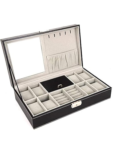 SKEIDO Watch and Jewelry Storage Box Organizer Case with Mirror for 8 Watches Necklaces Bracelet Cufflink Ring - Black