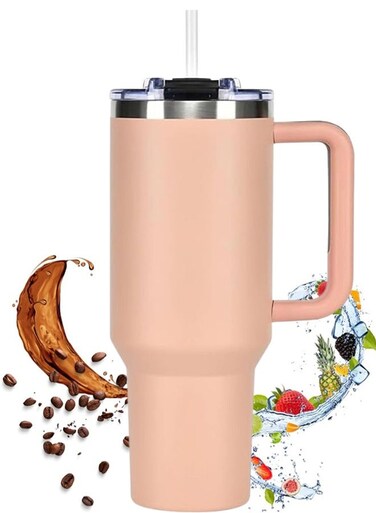 1200ML Tumbler with Lid and Straw Stainless Steel Insulated Tumblers with Handles and Cleaning Brush Water Bottle Travel Coffee Mug Tumbler Cups for Cold and Hot Beverages (Khaki)
