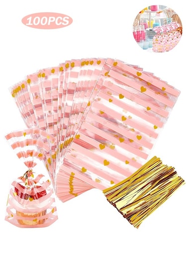 Life 100 Pack Pink Cellophane Treat Bags 8.1" x 5" Bottom Gusset Pink Plastic Candy Bags with Twist Ties for Birthday, Gift Goodie Cookie Snack Party Favor Supplies