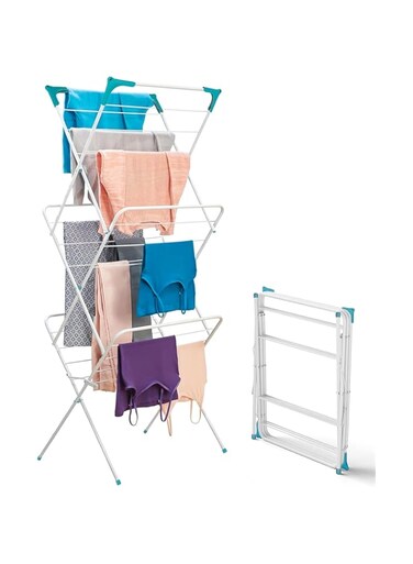 3 Tier Clothes Airer, Foldable Drying Rack, Foldable Clothes Drying Stand, Laundry Rack, Washing Airer, Foldable Laundry Clothes Drying Rack Stand, Foldable Metallic Clothes Dryer With 4 CORNER HOOKS