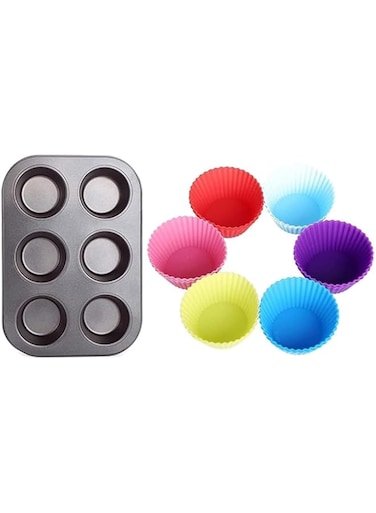 DXB Dream 6 Slot Muffins Tray with 6 Pcs Paper Cake Cup Liners, Reusable Silicone Cupcake Tray, Round Shape Cupcake Cases for Handmade Soap, Biscuit Chocolate &ndash; Multicolor