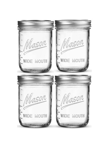 Premify 4 Pack Wide Mouth Mason Jars with Lids &ndash; 16oz Glass Jars, Overnight Oats Jars with Lids, Perfect For Canning, Fermenting, Pickling, And Jar Decor, Microwave, Freezer &amp; Dishwasher Safe