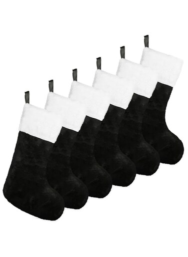 FOIMAS 6pcs Christmas Stockings,18 inch Black Plush Christmas Hanging Stockings with White Cuff for Fireplace Christmas Tree Home Decoration