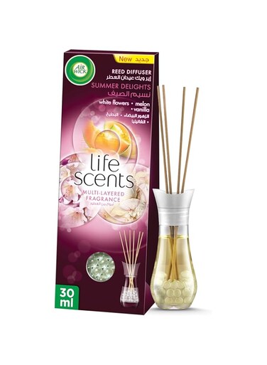 Air Wick Life Scents Multi-Layered Fragrance Reed Diffuser (white flowers, melon, vanilla), Eliminates Bad Odour like Cat Litter Smell, 30 ml
