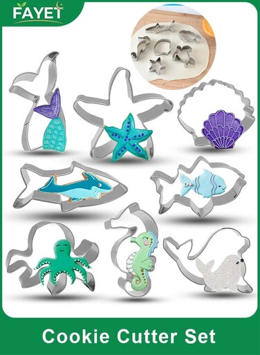 8-Piece Sea Animal Cookie Cutter Set, Food-Grade Stainless Steel Ocean Shapes for Cookies, Fondant, Crafts (Mermaid Tail, Starfish, Seashell, Shark, Fish, Octopus, Seahorse, Whale)