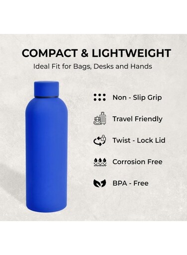 Matte Finish Stainless Steel Water Bottle, Vacuum Insulated Travel Bottle, Hot &amp; Cold Water Bottle 500ml, Midnight Blue