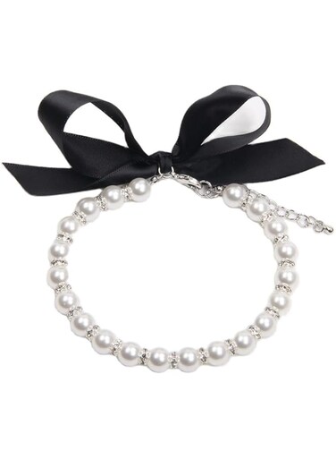 Pearls Dog Necklace Collar Jewelry for Small Dogs Puppy - Bling Rhinestones Collar for Pets - Cute pet collar (White, L)