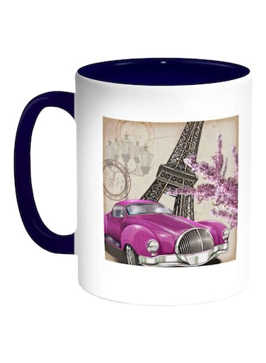 Classic Car Paris Printed Ceramic Coffee Mug White/Blue/Pink 11ounce