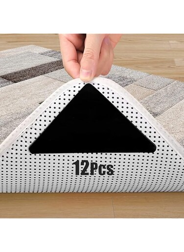 DOUKI 12 Pcs Grippers for Rugs, Non Slip Rug Pads for Hardwood Floors and Tiles, Reusable and Washable Rug Tape for Hardwood Floors, Tile Floors, Carpets, Floor Mats, Wall (Black)