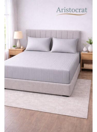 3-Piece Striped Microfiber Fitted Sheet Set King 180x200cm &acirc;&euro;&ldquo; Soft Elastic Deep Pocket 17cm Bedsheet with 2 Pillowcases 50x70cm, Silver Microfiber Silver 180X200+17cm