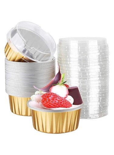 X spring Aluminum Cups with Lids, 50 Pcs Disposable Foil Ramekins, Round Dessert Containers Ramekins Baking Cups, upcake Baking Cups, Dessert Cups with Lids for Christmas Party Wedding Party