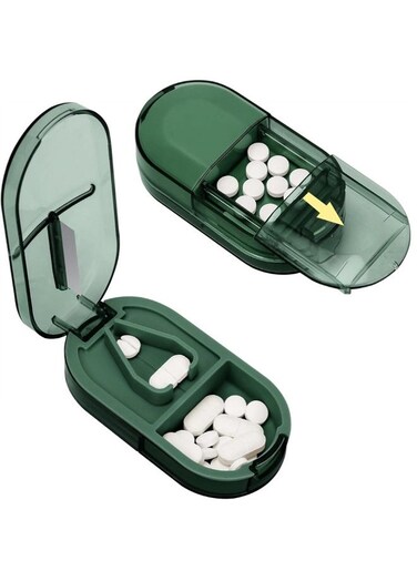 Pill Cutter, Portable Pill Splitter 2-in-1 Pill Case with Stainless Steel Blade, for Small or Large Vitamins Tablets, Cut Pills in 1/2, 1/4 with Mini Pill Organizer Compartment &ndash; Transparent Green