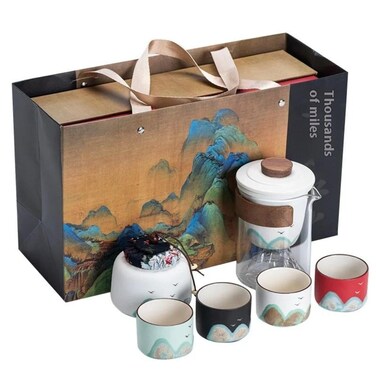 Ceramic Tea Set with Glass Teapot, 4 Cups, Tea Container &amp; Gift Box