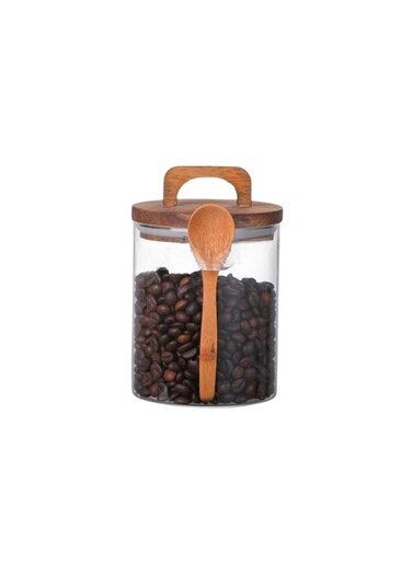Liying Borosilicate Round Glass Jars with Oak Wood Lids and Wooden Spoon, Decorative and Durable (15 * 10.5cm) for Candy, Cookies, Spices, Coffee Beans