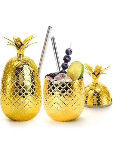 Tazweeq Plastic Pineapple Drinking Cups, 16 Oz Gold Pineapple Cup with Stretch Straw, Hawaiian Luau Party Cups for Cocktails, Juice, Beer