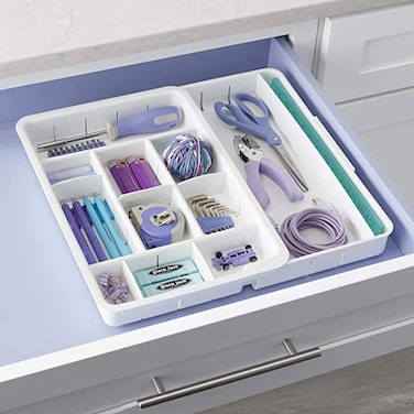 YouCopia DrawerFit Expandable Office Drawer Organizer, Adjustable Storage with 13 Compartments, Non-Slip, BPA-Free, Fits Drawers 10&rdquo; to 16&rdquo; Wide, White