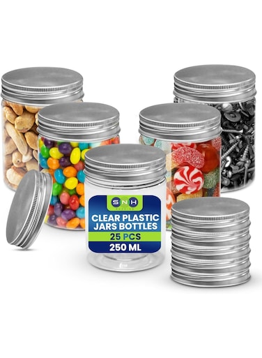 Packing 25 Pieces 500ml Clear Plastic Jars Bottles with Silver Ribbed Lids - Leak Proof Plastic Containers for Kitchen, Spices Container Set, Cosmetics, DIY Crafts, and More