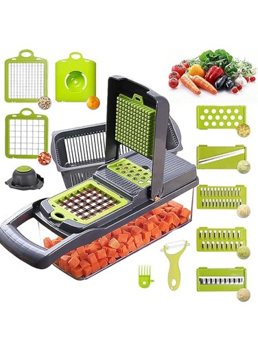 Alrens Vegetable Chopper Mandoline Slicer Cutter and Grater 11 in 1 Vegetable Slicer Potato Onion Veggie Chopper Dicer with Container Gray