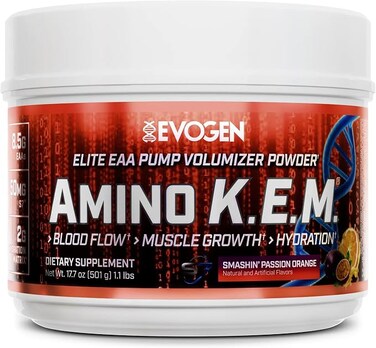 Evogen Amino Kem - Elite EAA Pump Volumizer, Supports Blood Flow, Muscle Growth, Hydration, Full Spectrum EAAs &amp; BCAAs, S7 Nitric Oxide Blend, Smashin' Passion Orange, 30 Servings