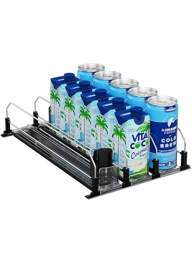Puricon Soda Can Organizer for Fridge Refrigerator, Spring Loaded Self-Pushing Automatic Glide Adjustable Drink Beverage Rack Bottle Dispenser Storage -Black, 3 Rows