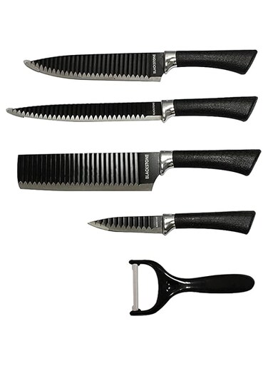BLACKSTONE Kitchen Knife Set with Stainless Steel Blades and Comfortable Rubber Handle, Chef Knife, Carving knife, Small Cleaver, Pairing knife and Ceramic Peeler, Set of 5 طقم سكاكين مطبخ بلاكستون