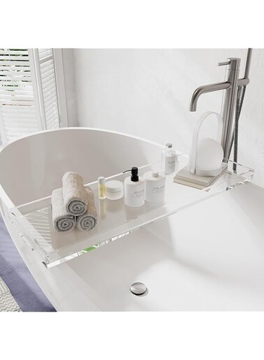 CXNGD Bathtub Tray Clear Acrylic Bath Tub Tray Table, Bathtub Against Wall Anti-Slip Bathtub Caddy Tray, for Uxury Home Bathrooms Bathtub Caddy Bath Tub Table Caddy 29.9 * 7.87 * 1.18in