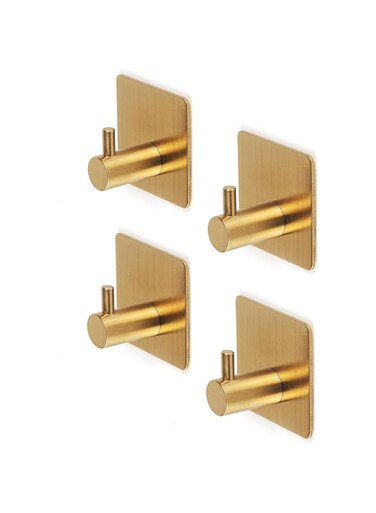 (4 Pcs) Adhesive Heavy Duty Wall Hooks Space aluminumBrushed Home Storage Door Hook for Hanging Coats Robes Towel Bags Keys (Gold)