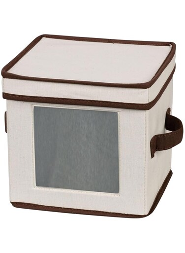 Household Essentials 534 Dinnerware Storage Box with Lid and Handles   Chest for Salad Plates   Natural Canvas with Brown Trim