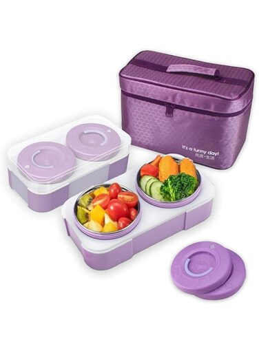 NIXUIO Insulated Bento Lunch Box Stainless Steel, 4 Removable Compartments/Bowls For Adults &amp; Kids With Lids &amp; Lunch Bag &mdash; Microwave/Dishwasher/Freezer Safe &mdash; BPA Free, Leakproof [ Purple, 1600 ML ]